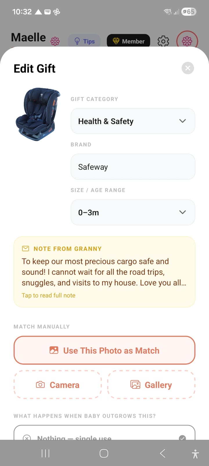 Gift note interface